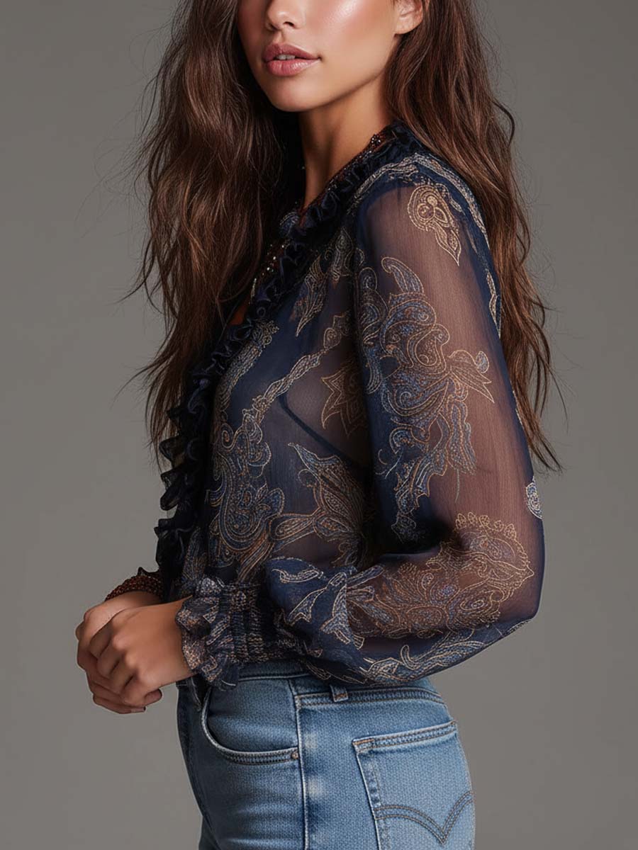 Elise | Blusa in Chiffon con Rouches e Stampa Barocca Paisley Blu Navy