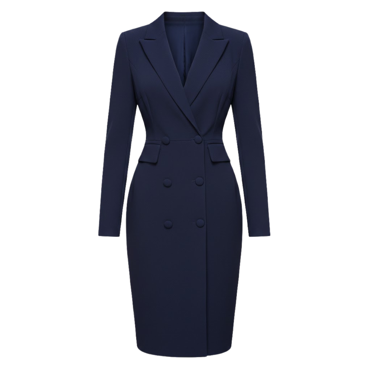 Women's knee-length blazer dress with lapel collar and single-breasted button front