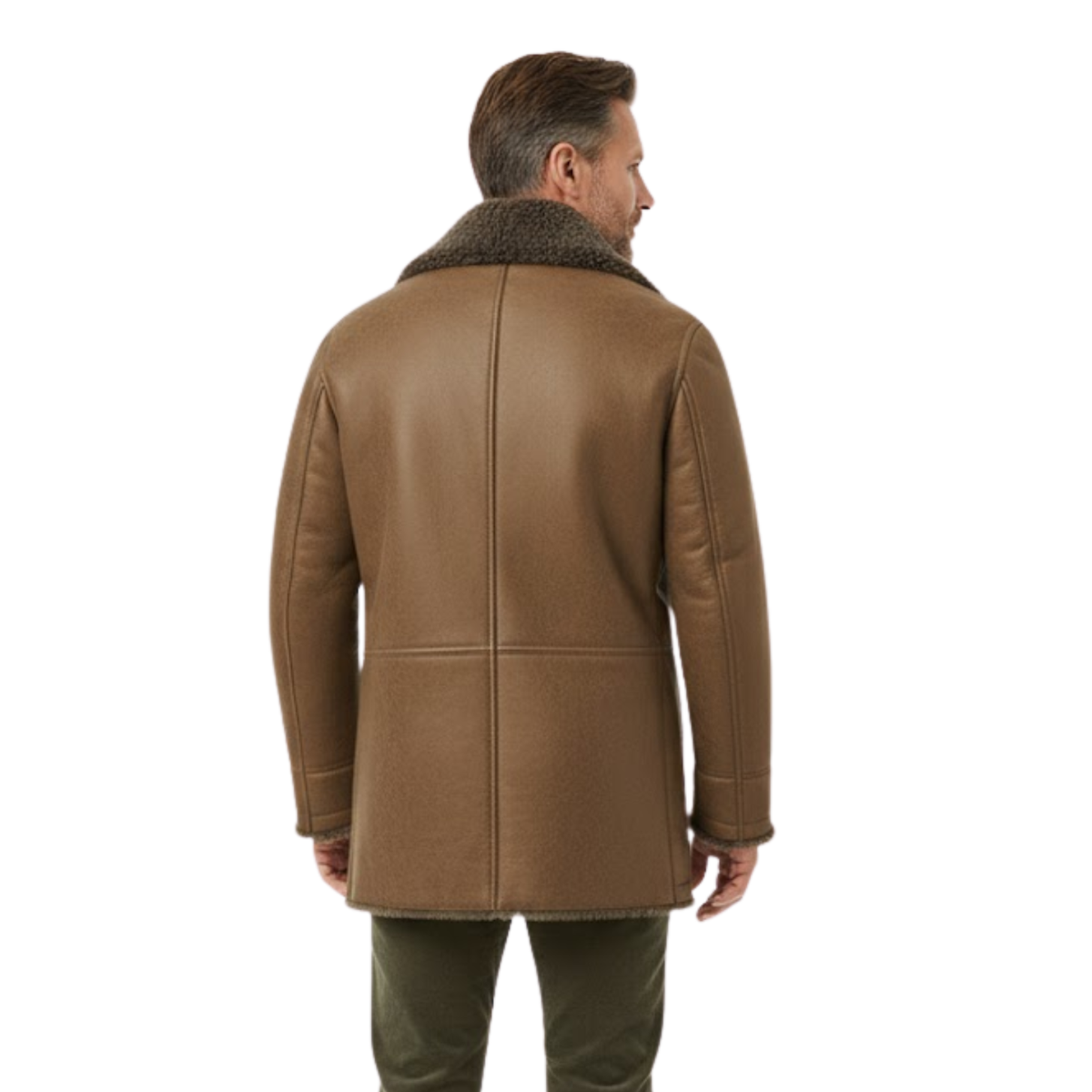 Men's long coat with faux fur lining, sherpa fleece lapel collar and button front