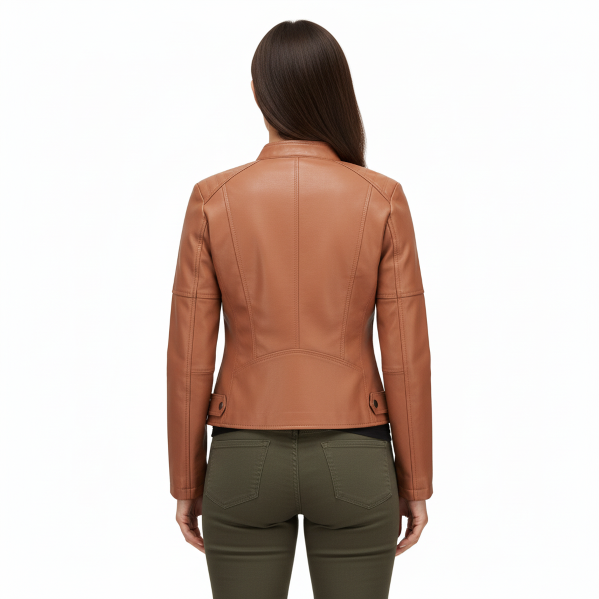 Women's faux leather biker jacket with stand collar, front zipper and side zip pockets