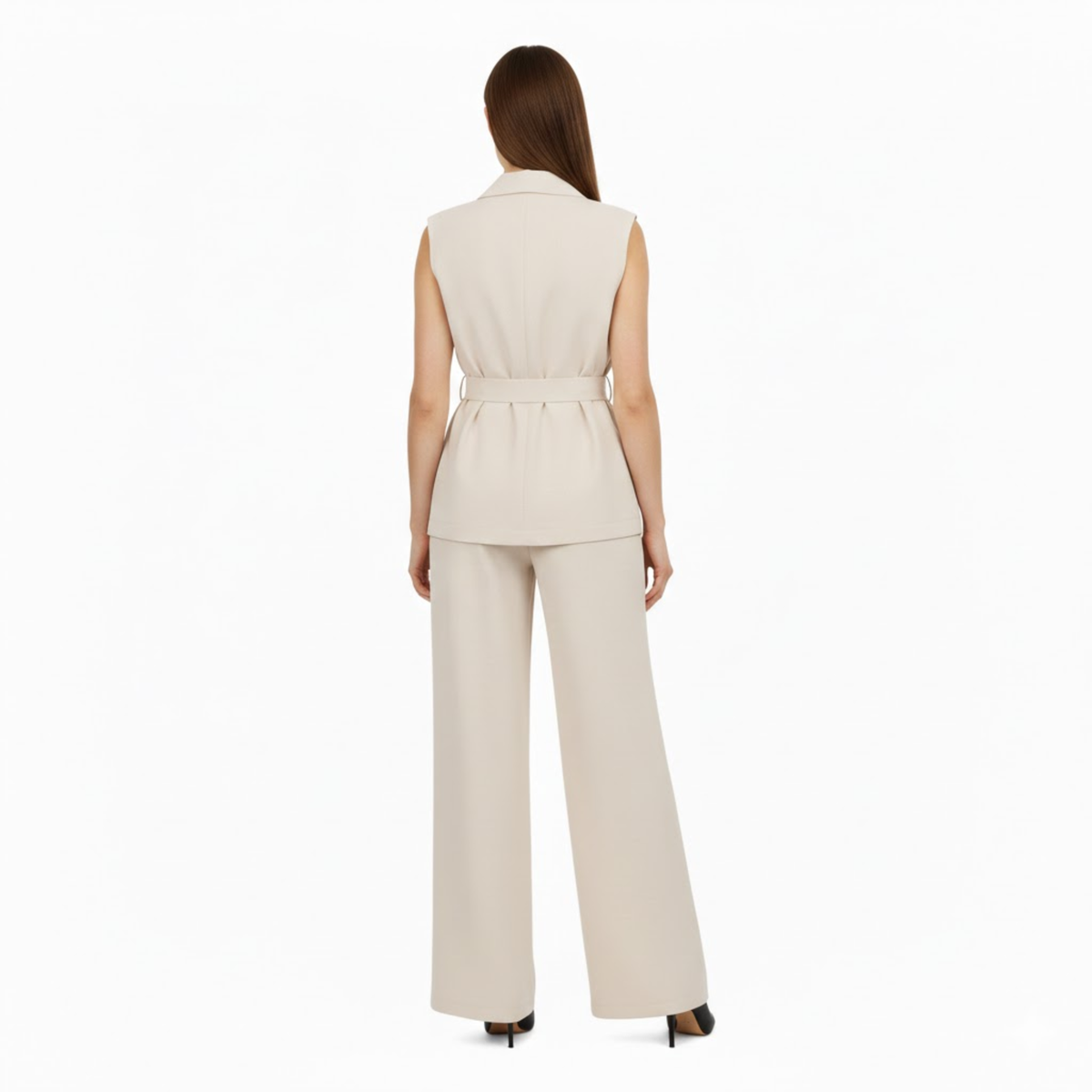Sleeveless vest and wide-leg pants set with turn-down collar and tie waist belt
