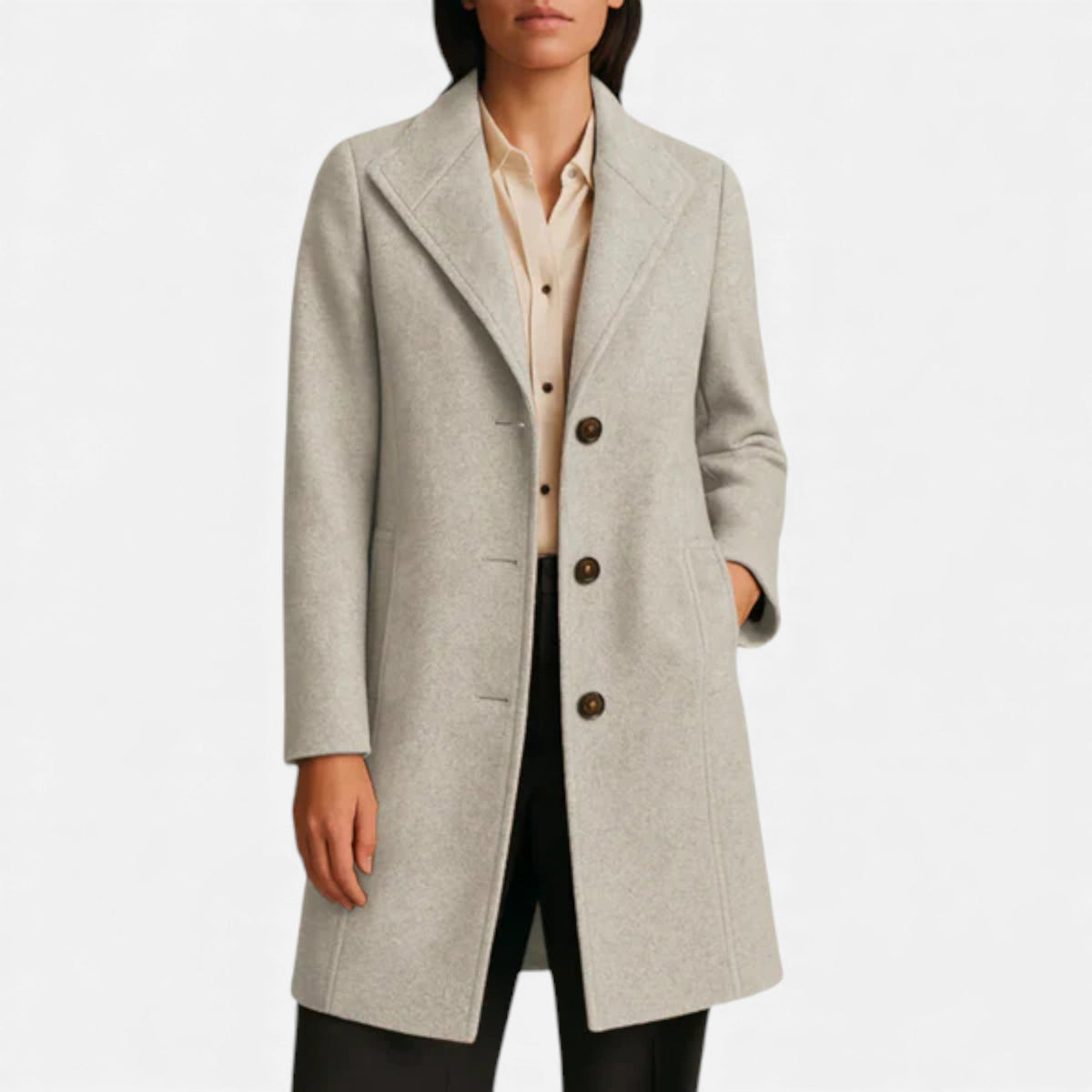 Women's mid-length tweed coat with tailored lapel and button front