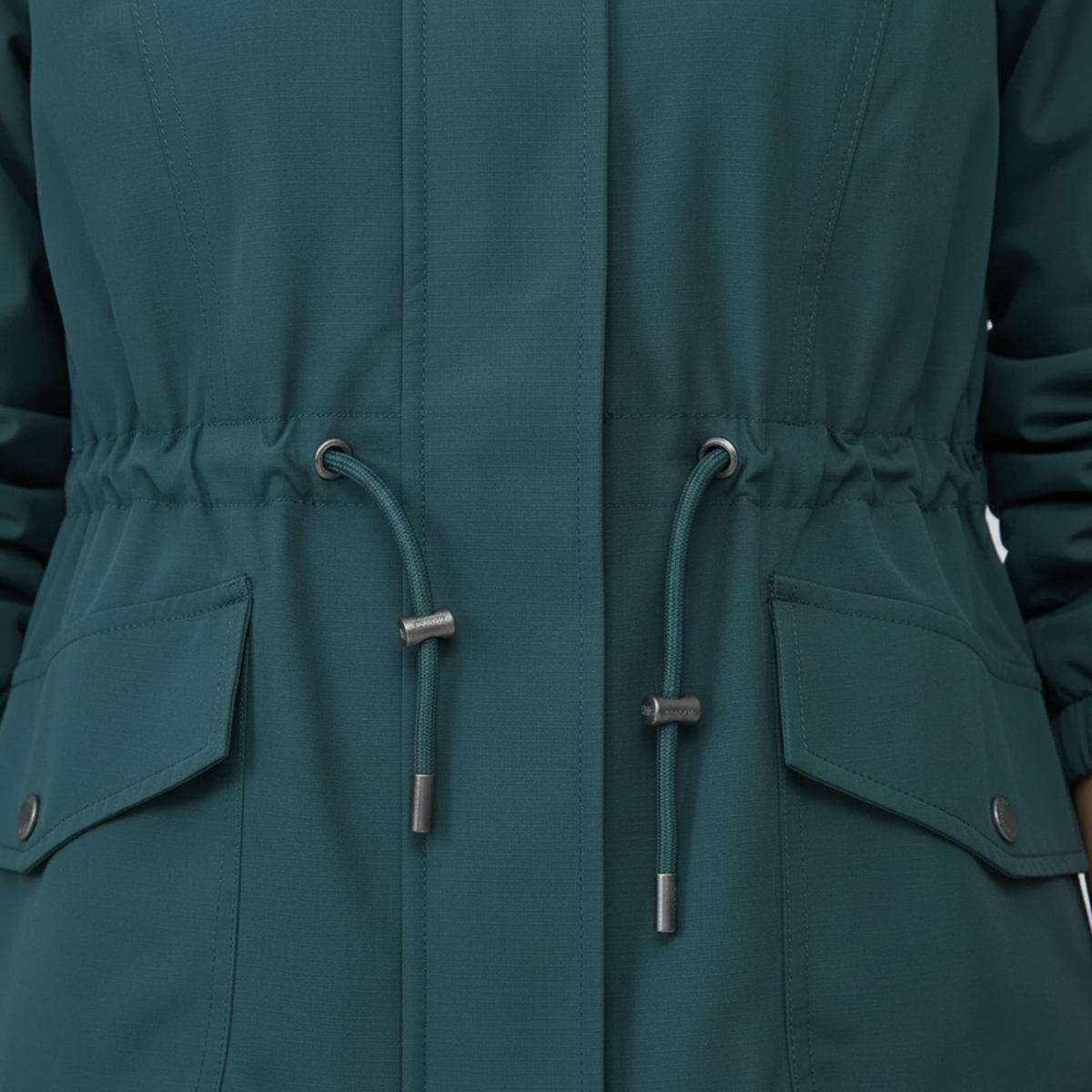 Women's lightweight windbreaker jacket with stand-up collar, front pockets and adjustable waist