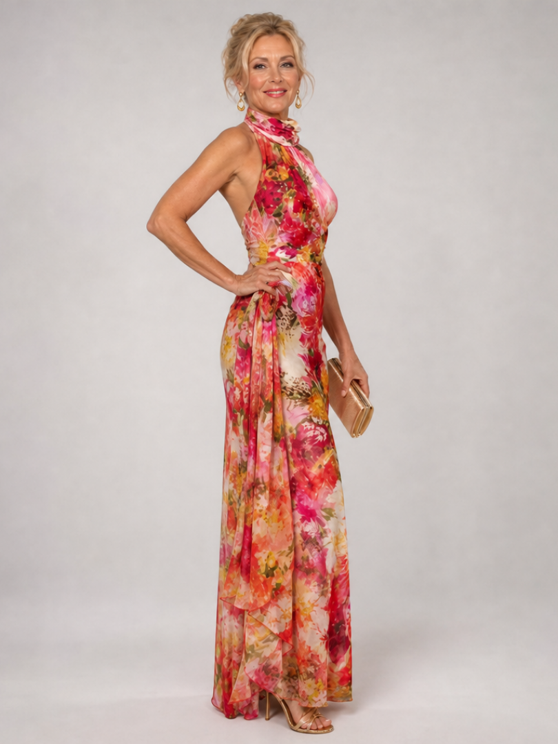 Elisabetta | Abito Maxi con Stampa Floreale e Collo All'Americana