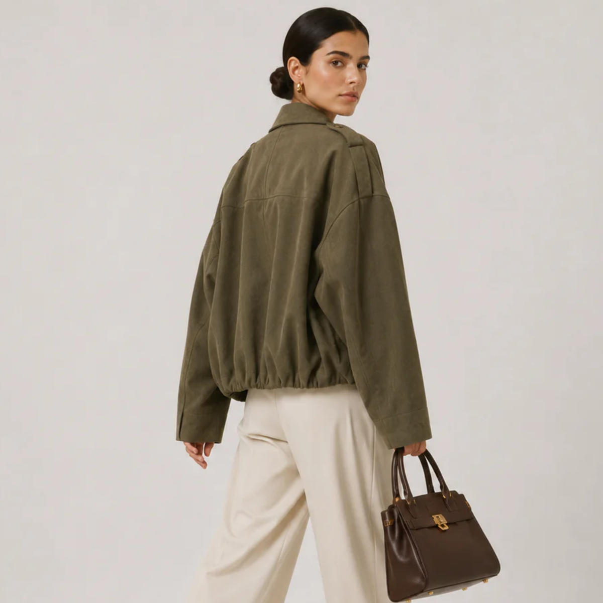 Women's relaxed fit suede-look jacket shown in olive green, brown, black and beige