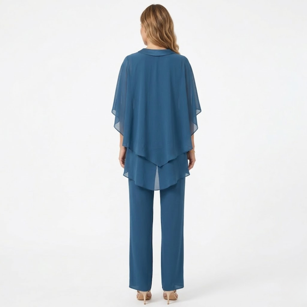 Elegant chiffon two-piece trouser suit with keyhole-detail top and straight-leg trousers