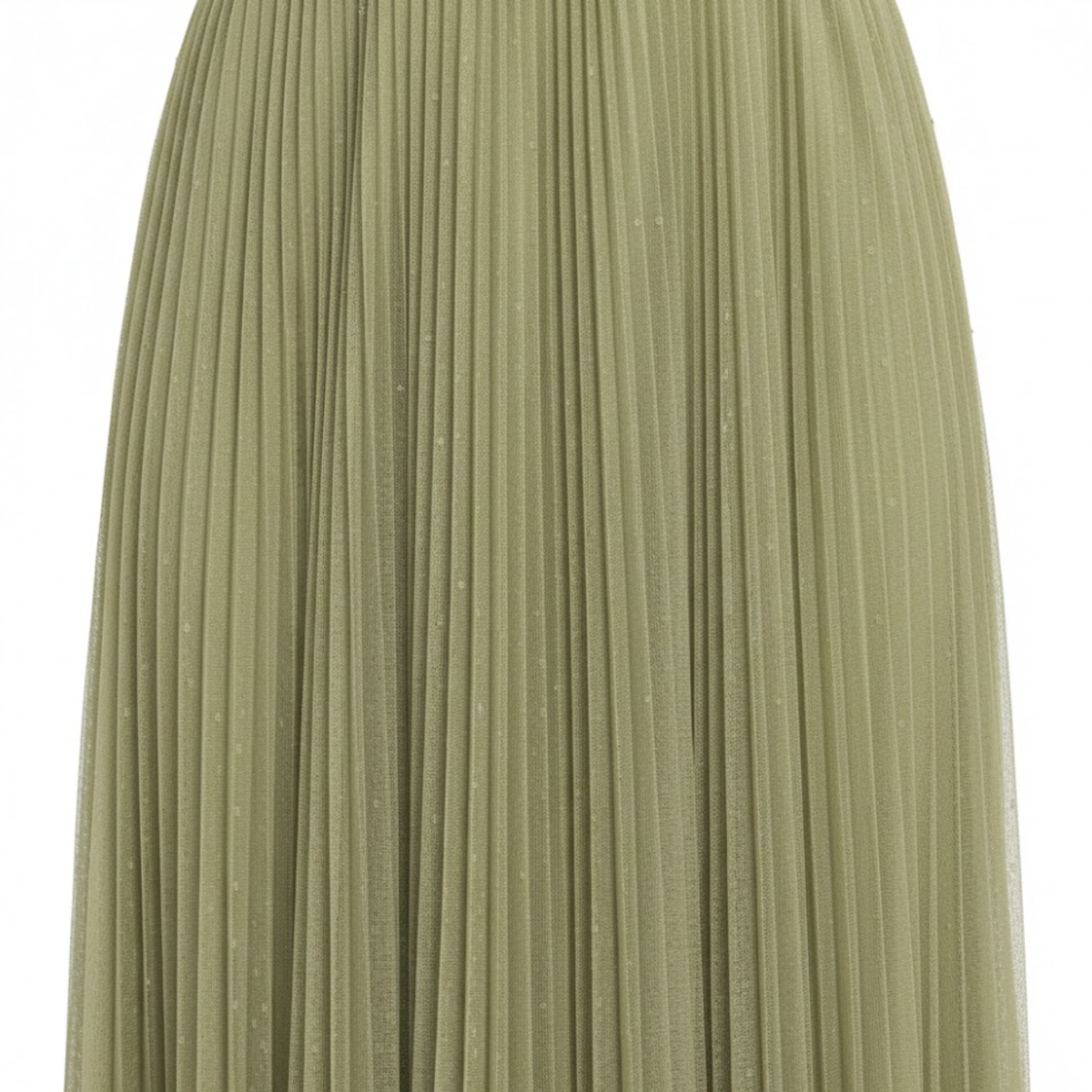 Green strapless pleated A-line maxi dress with square neckline and long flowing skirt