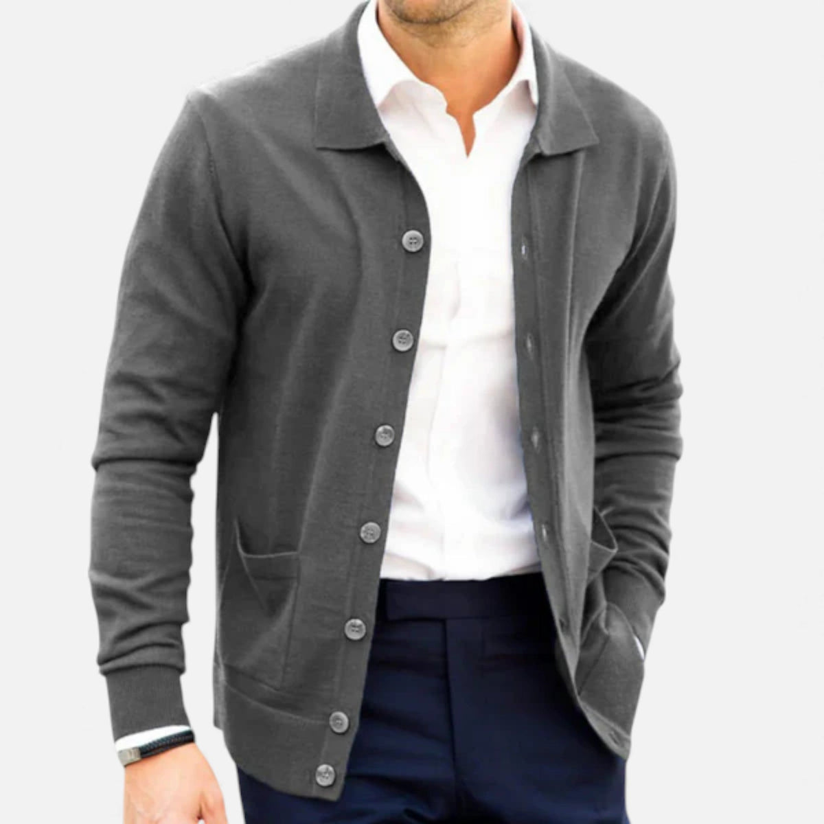 Men's Morley polo cardigan in acrylic knit with V-neck, button front and flap pockets