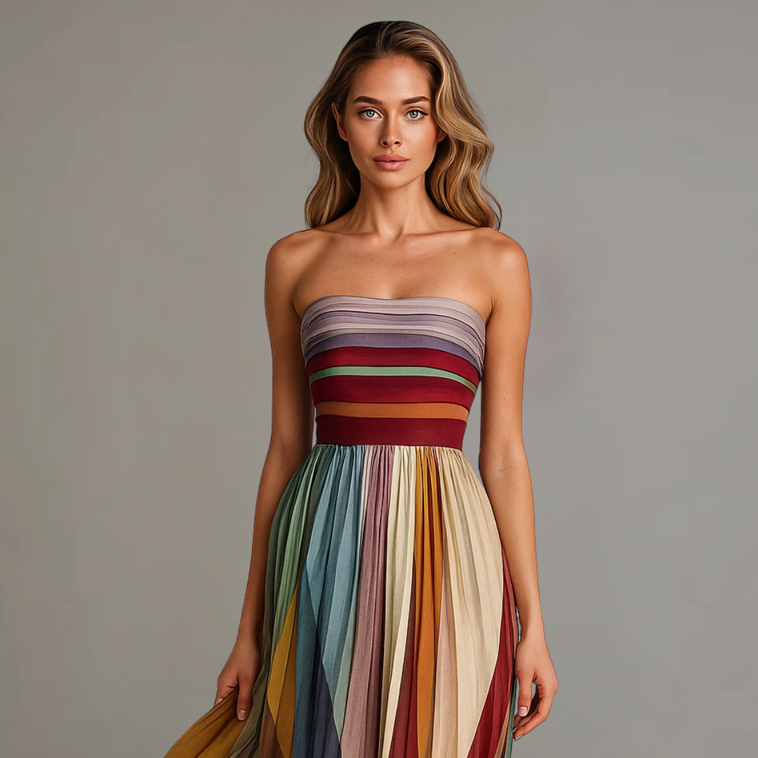 Judith™ | Abito estivo maxi senza spalline colorato e plissettato per donna