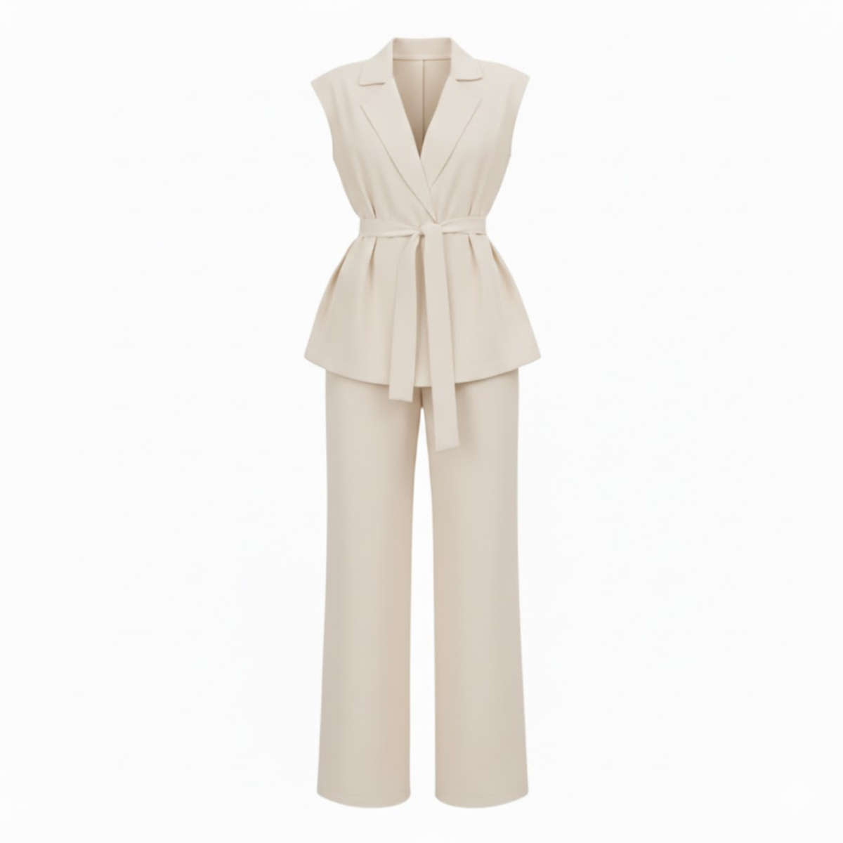 Sleeveless vest and wide-leg pants set with turn-down collar and tie waist belt