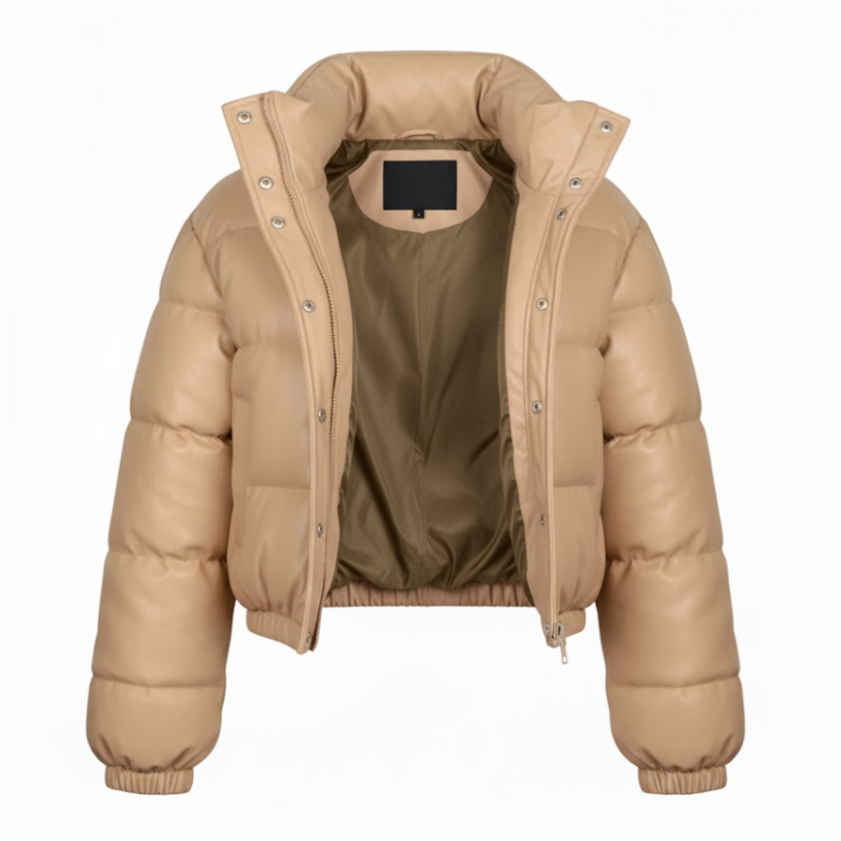 Women's short faux leather quilted puffer jacket with front zip closure