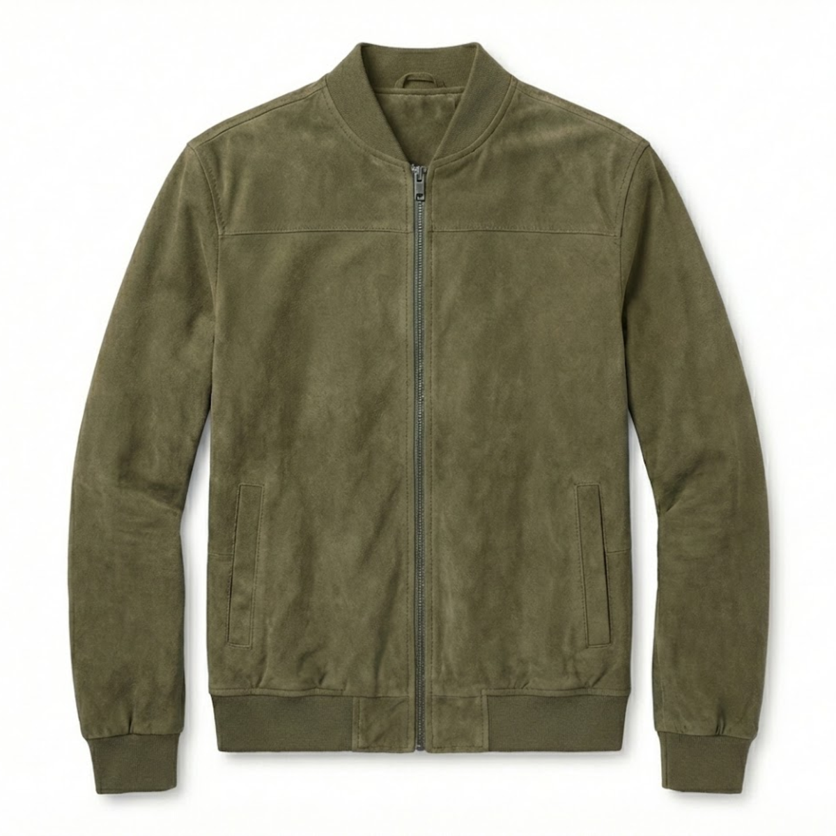 Men's suede bomber jacket with stand collar and full-length zipper closure