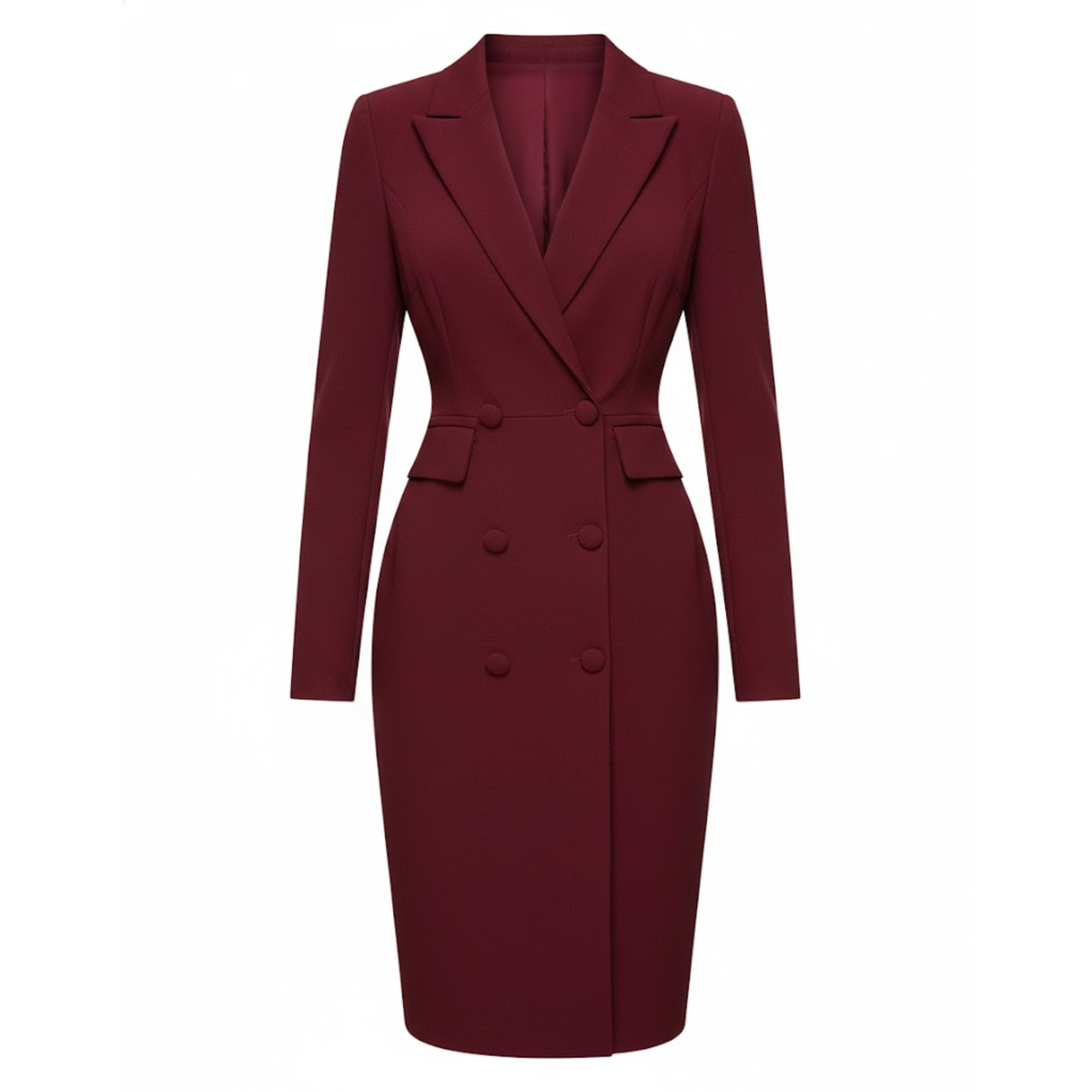 Women's knee-length blazer dress with lapel collar and single-breasted button front