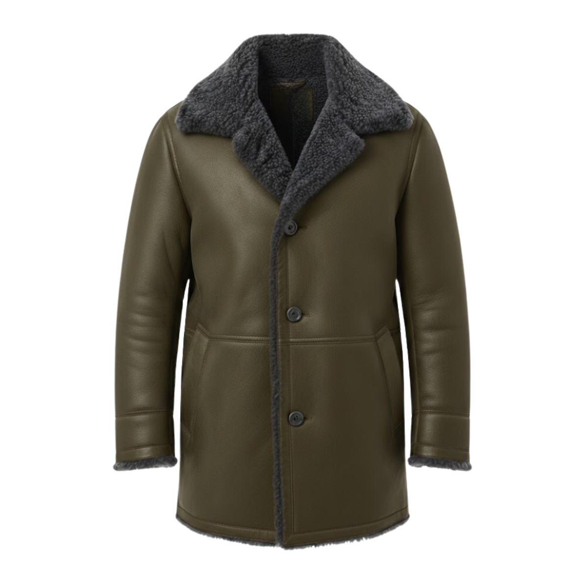 Men's long coat with faux fur lining, sherpa fleece lapel collar and button front