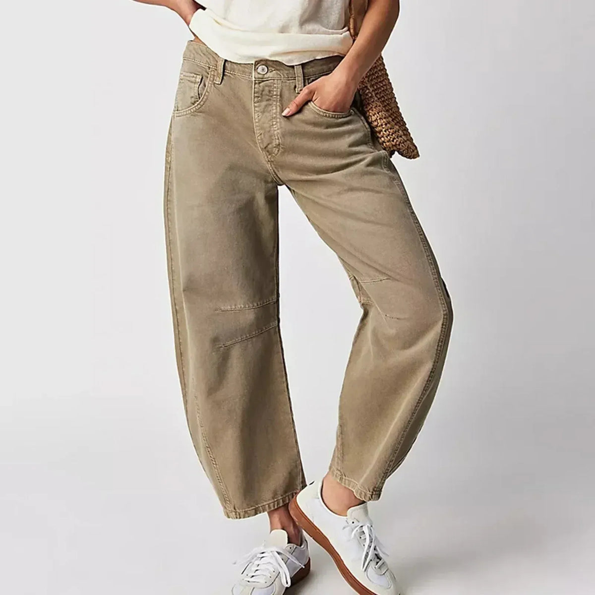 Women's relaxed barrel-leg high-waist denim jeans shown in multiple colors