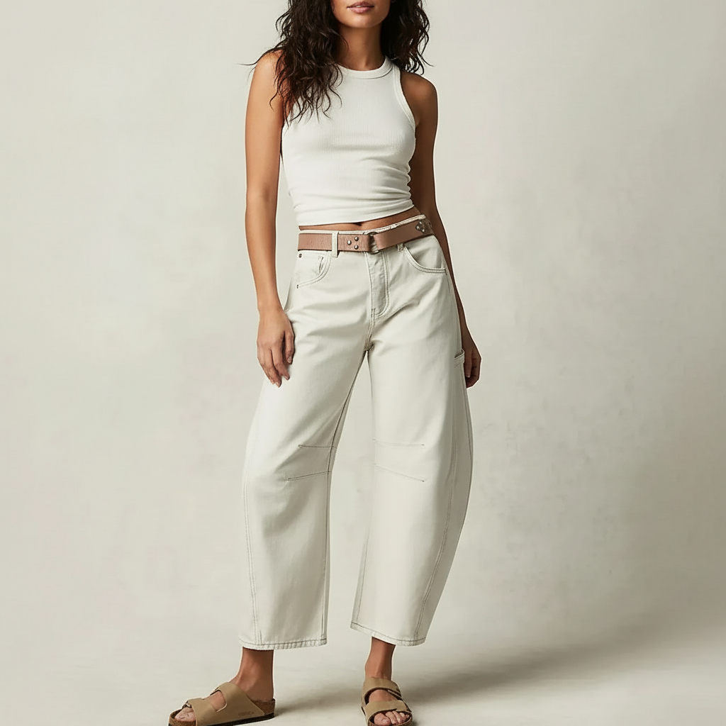 Women's relaxed barrel-leg high-waist denim jeans shown in multiple colors