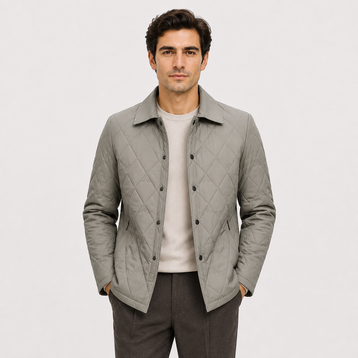 Men's diamond quilted insulated winter jacket in navy, gray, and black