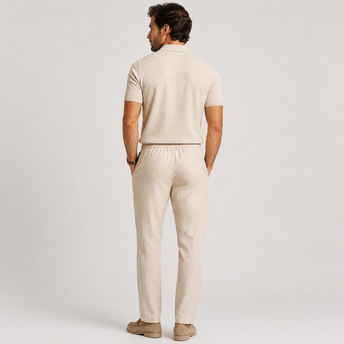 Men's lightweight casual pants with elastic drawstring waist in neutral tones
