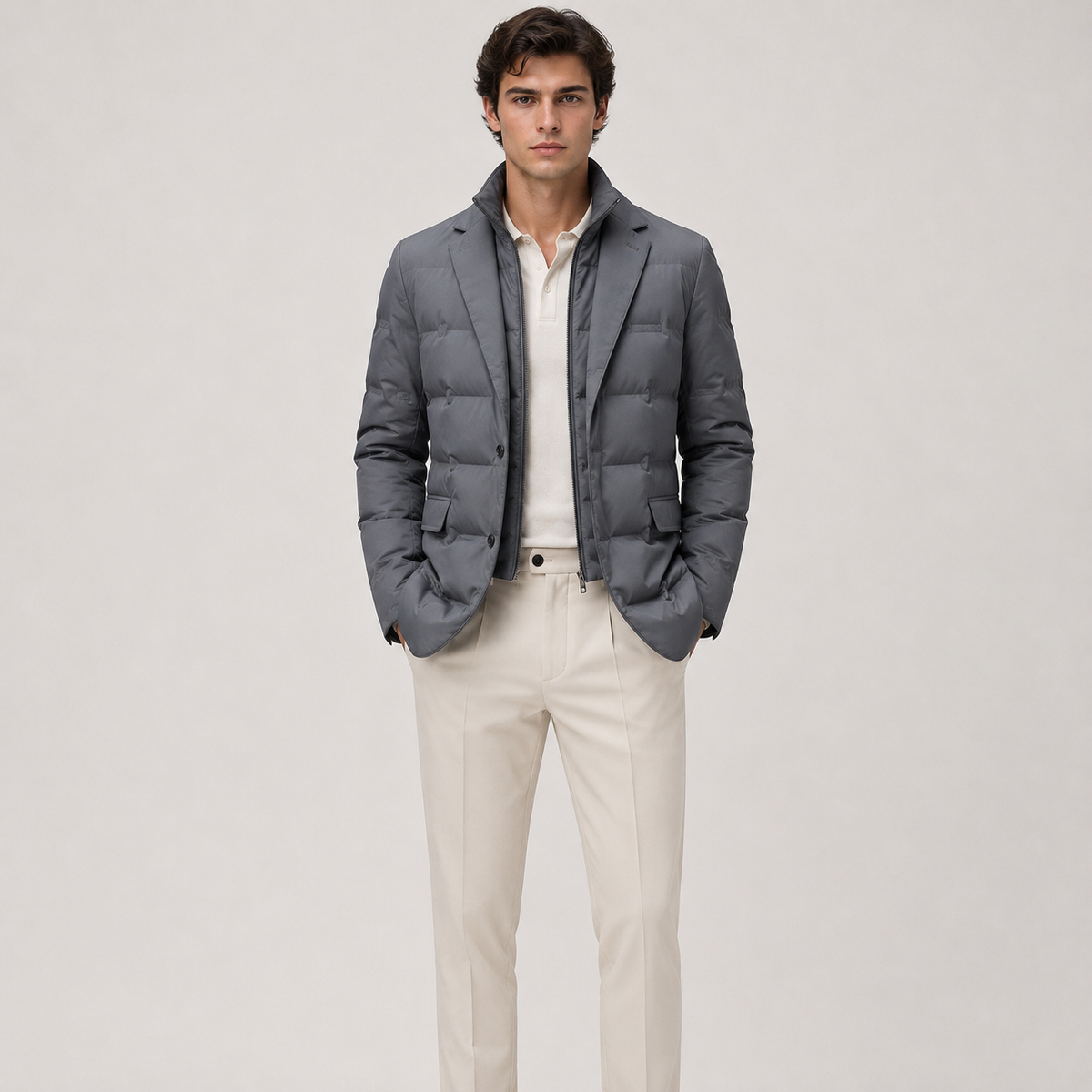 Men's insulated puffer blazer jacket in black, gray, and green