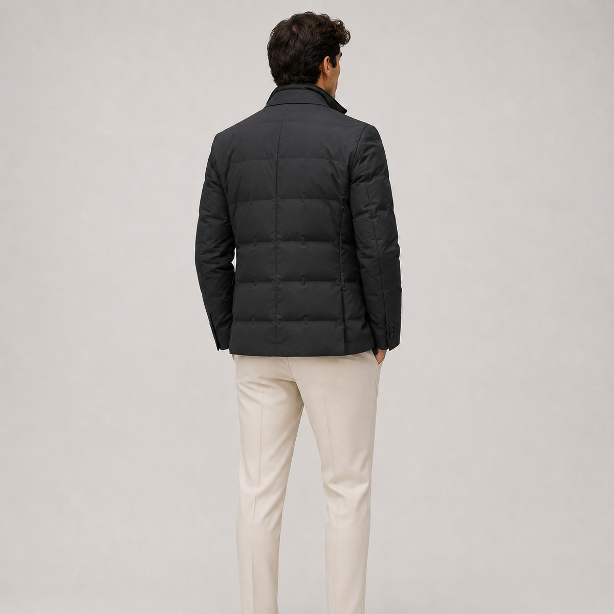 Men's insulated puffer blazer jacket in black, gray, and green