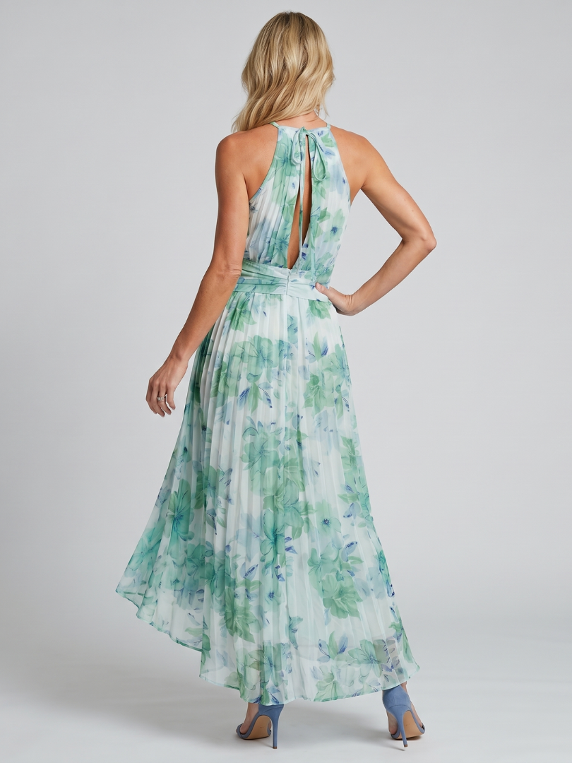 Portia | Abito Midi con Scollo Halter e Motivo Floreale Pieghettato