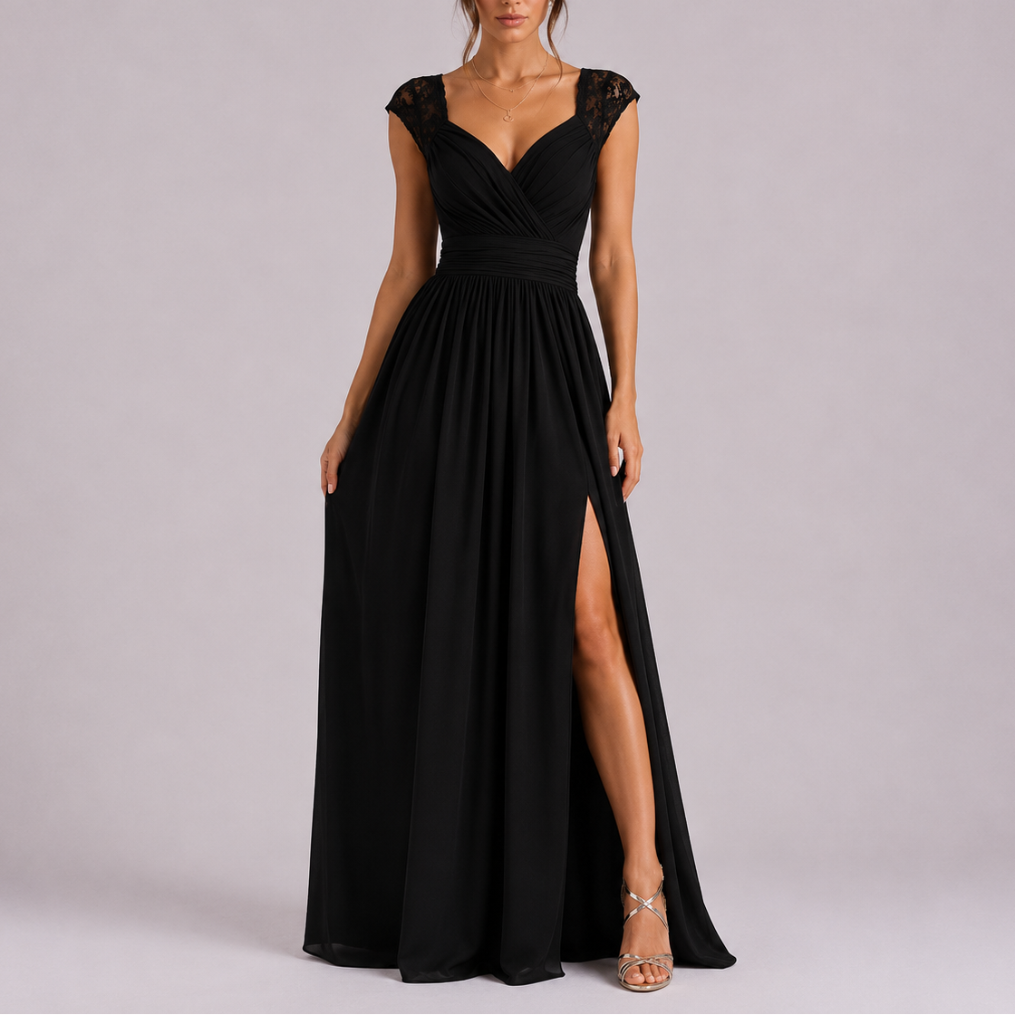Lace Shoulder formal maxi dress with delicate lace shoulder detailing and flowing floor-length silhouette