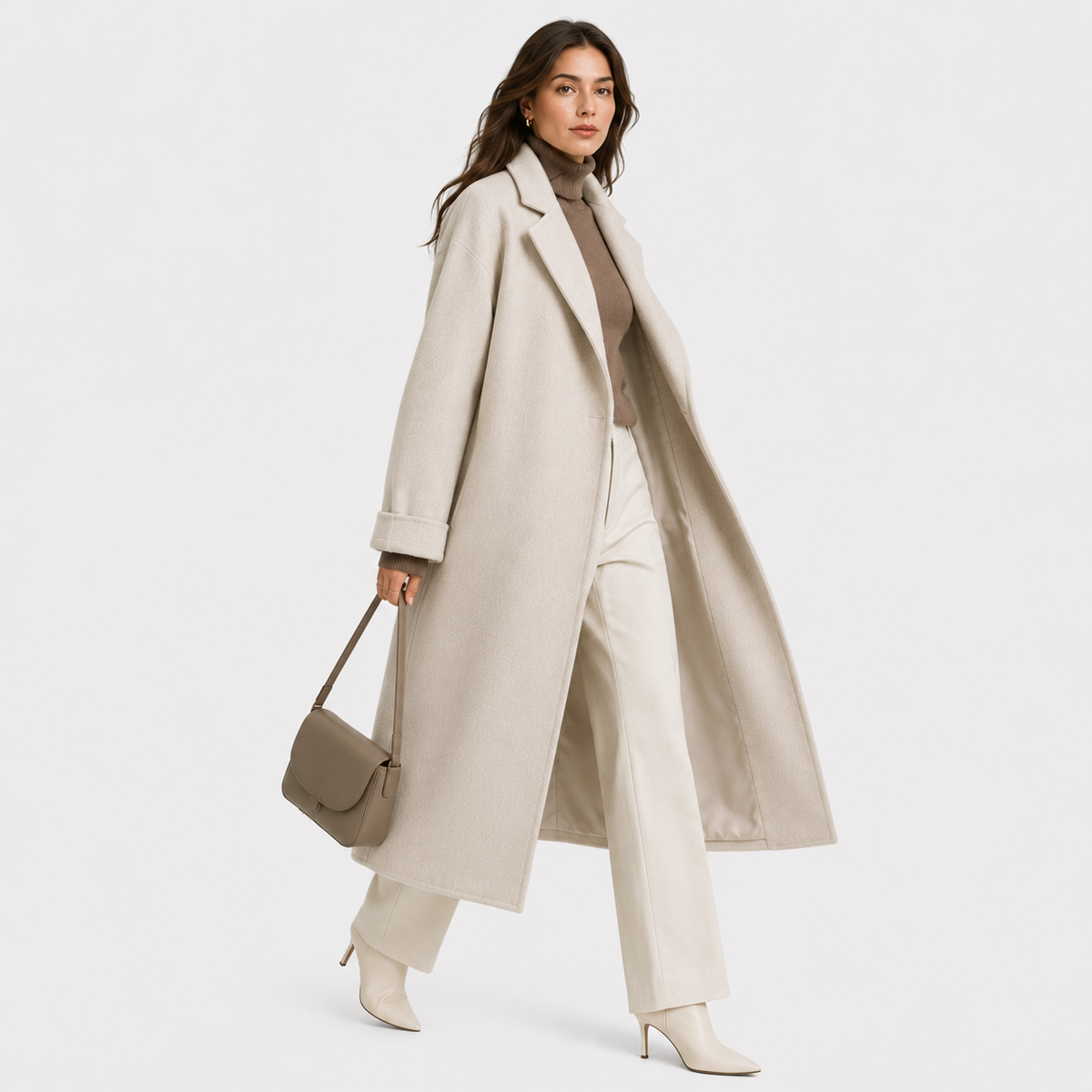 Women's belted wrap coat in neutral tones with graceful lapels and adjustable tie belt