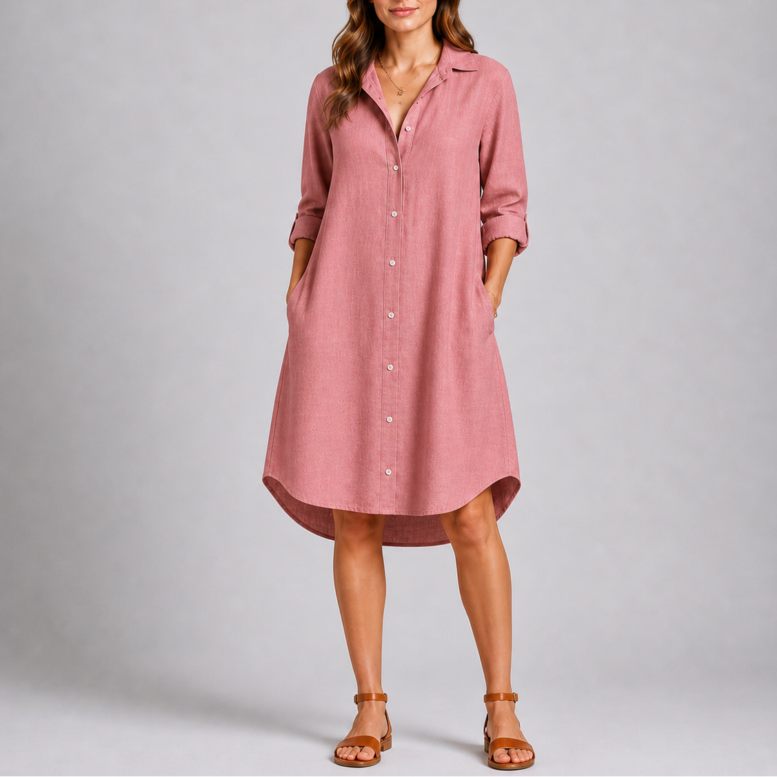 Relaxed button-front collared midi shirt dress with long sleeves and side pockets
