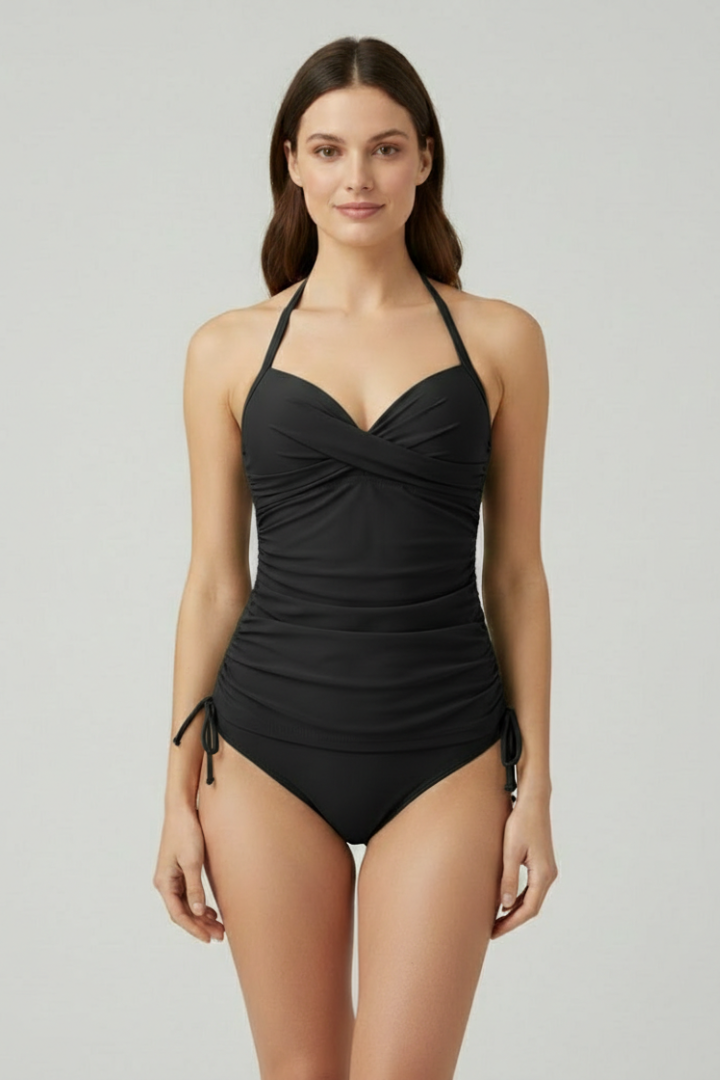 Costume da bagno da donna con scollatura a V e lati arricciati