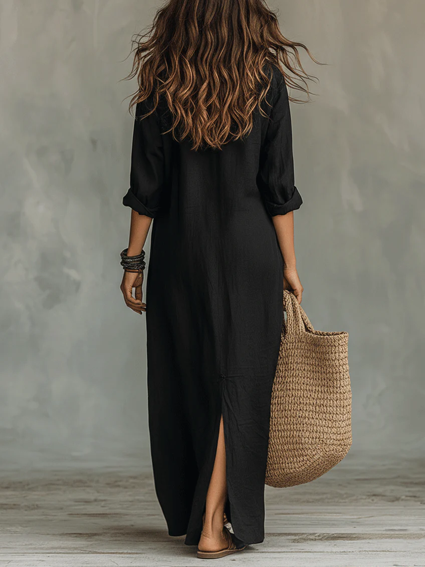 Soline™ | Abito Maxi Nero Oversize con Bottoni