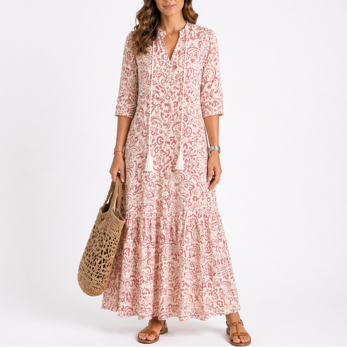 Floral print midi dress with V-neckline, tassel ties and short sleeves