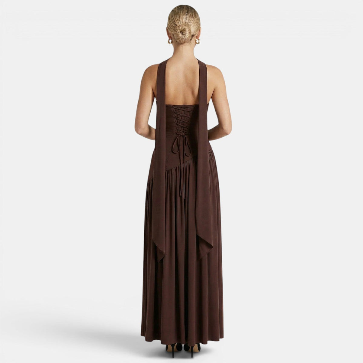 Women's elegant strapless flowing maxi dress in brown, black, yellow and green