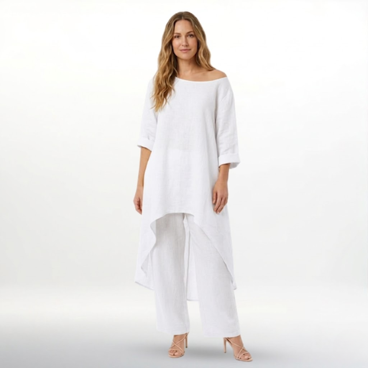 Women's cotton linen two piece set with irregular hem long top and wide-leg pants