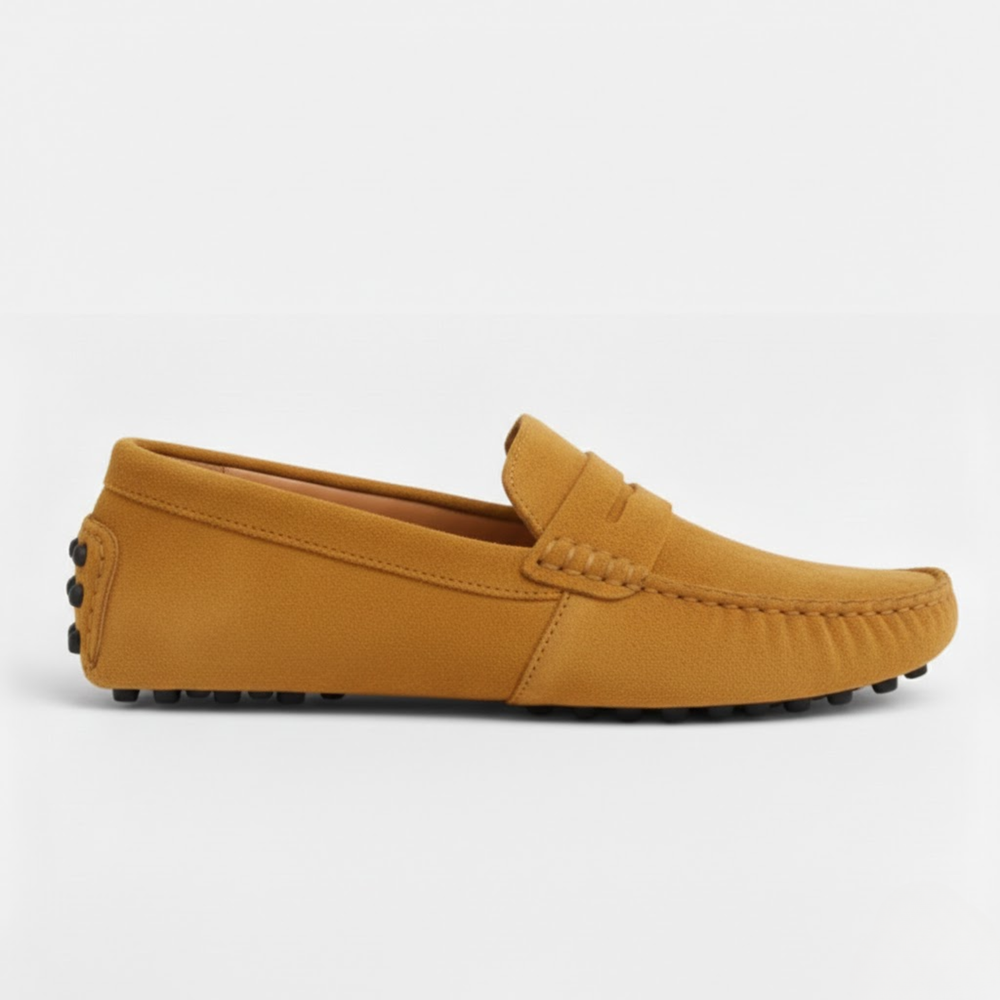 Men's suede slip-on loafer driving moccasin with round toe and rubber outsole