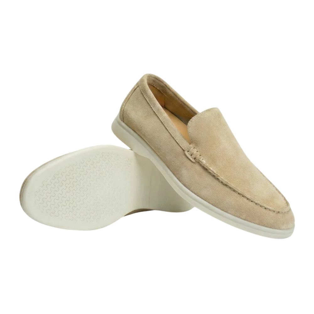 Men's suede slip-on loafers with a lightweight sole shown in a neutral color