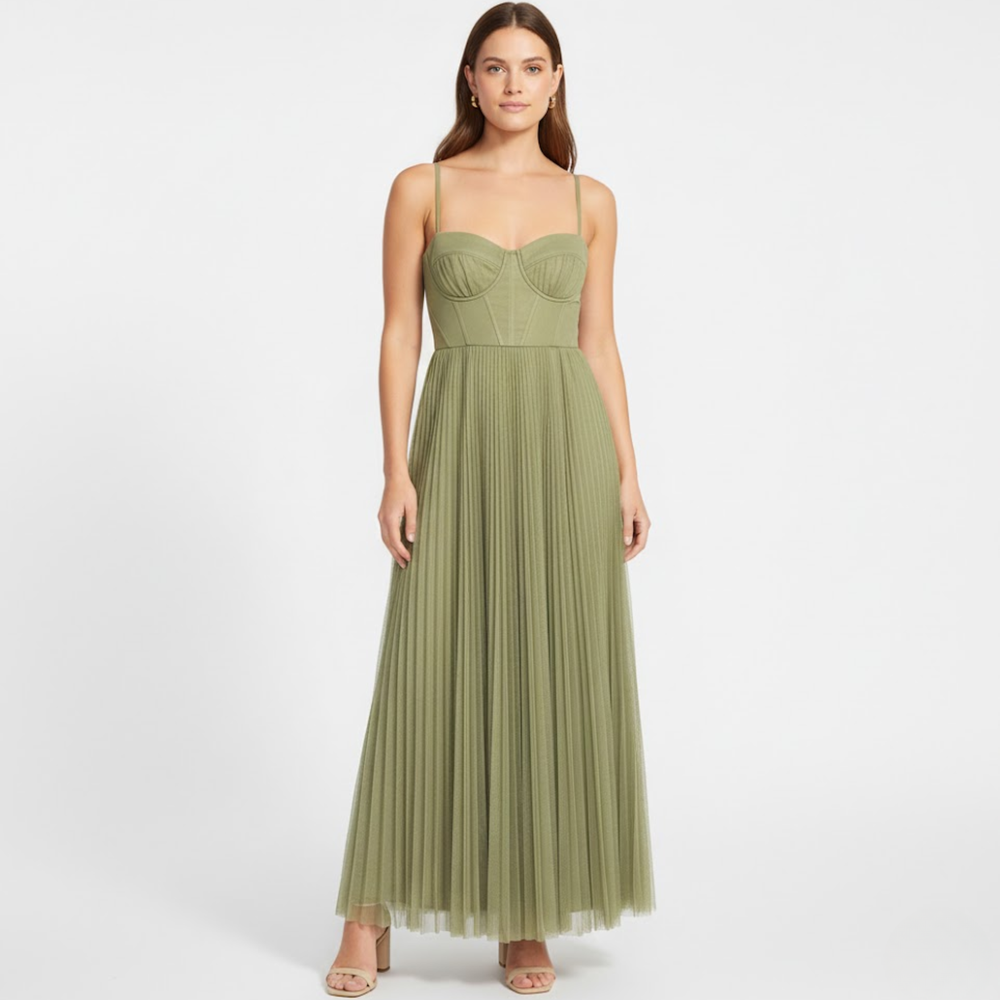 Green strapless pleated A-line maxi dress with square neckline and long flowing skirt