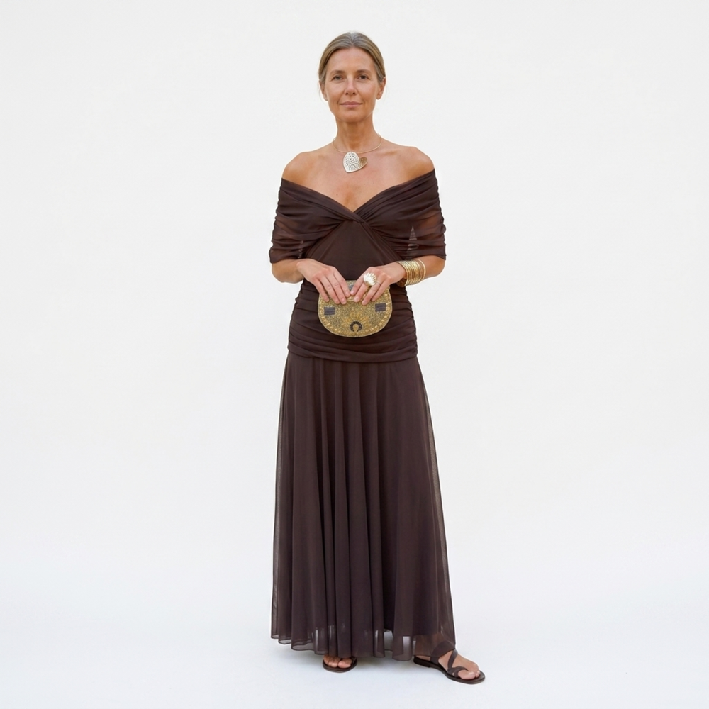 Women's flowing V-neck maxi dress with gathered waist and long sleeves