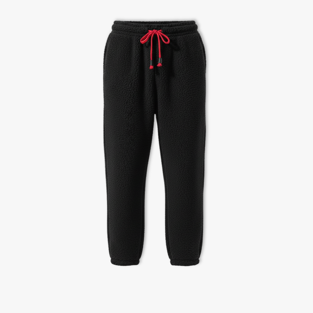 Men's lamb fur lined winter sweatpants with cuffed ankles in black