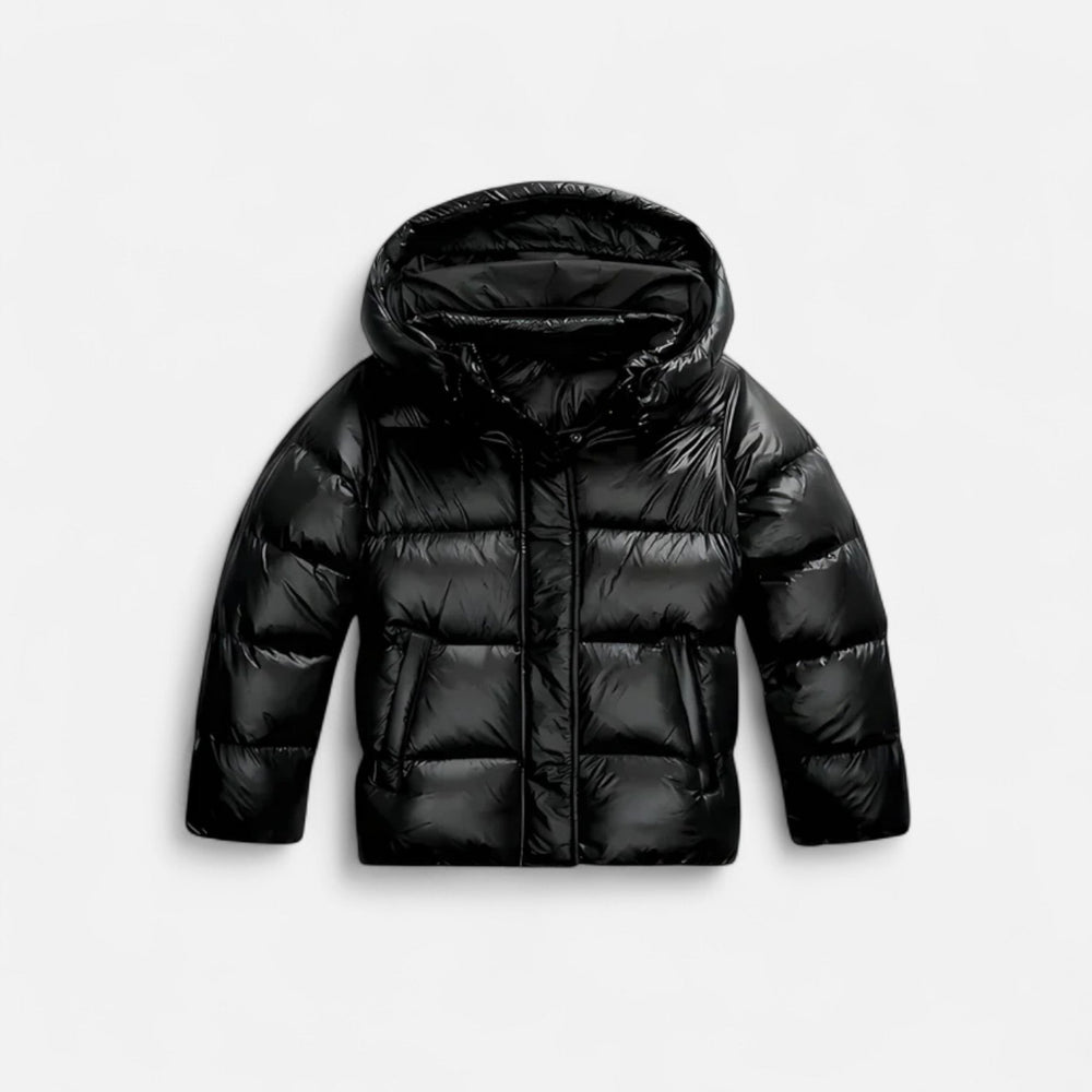 Women's slim-fit puffer jacket in black with a streamlined silhouette