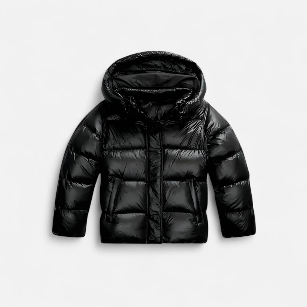 Women's slim-fit puffer jacket in black with a streamlined silhouette