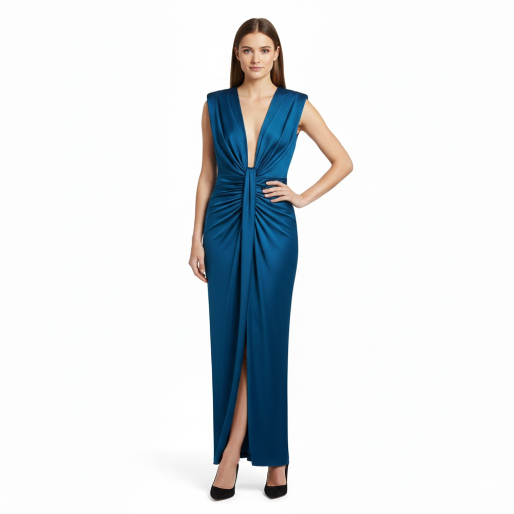 Sleeveless V-neck pleated maxi dress with ruched bodice and high front slit