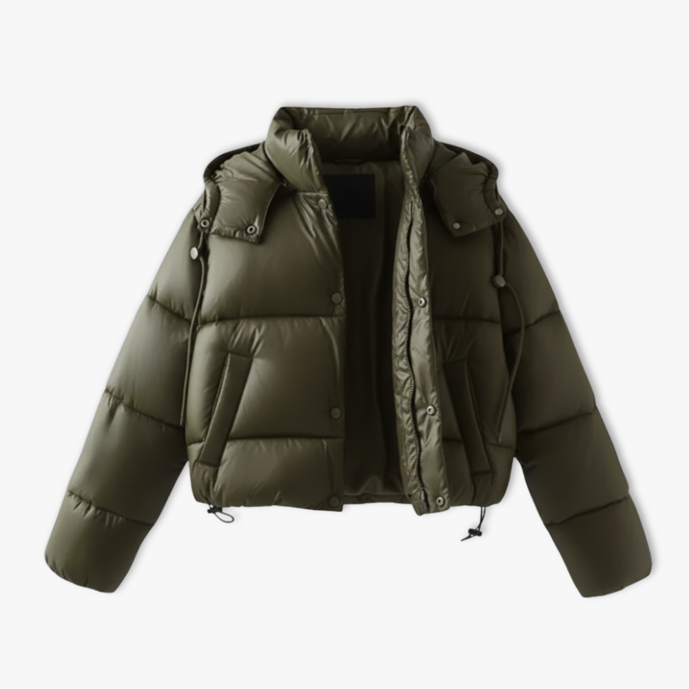 Short hooded cotton jacket with standing neck and side pockets in black