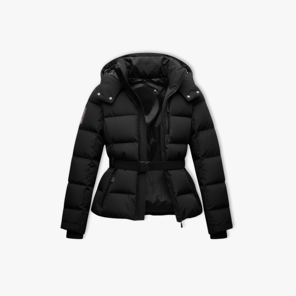 Black belted cotton-padded winter coat with high stand collar and zipper closure
