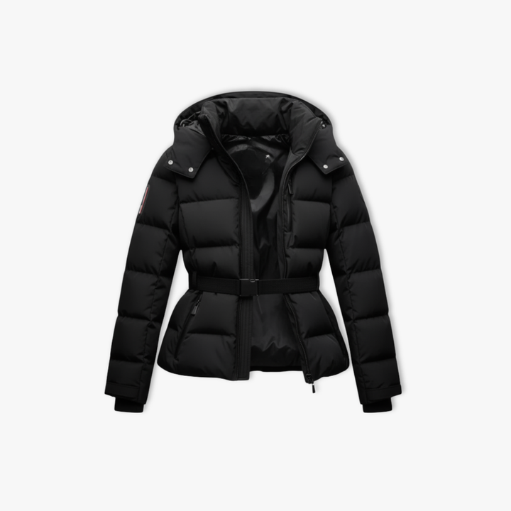 Black belted cotton-padded winter coat with high stand collar and zipper closure