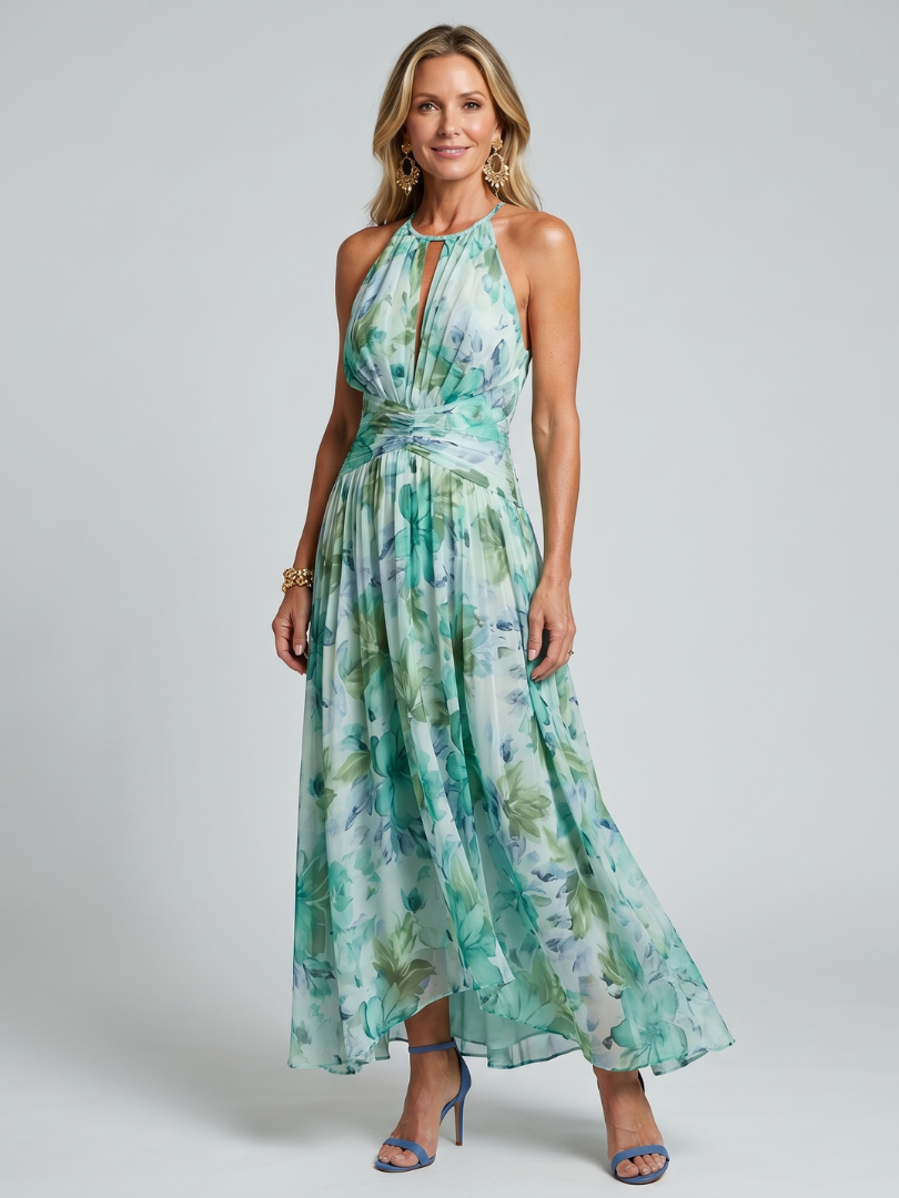 Portia | Abito Midi con Scollo Halter e Motivo Floreale Pieghettato