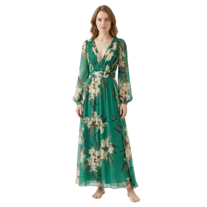 Floral long sleeve V-neck high-waist maxi dress with flowy ankle-length skirt