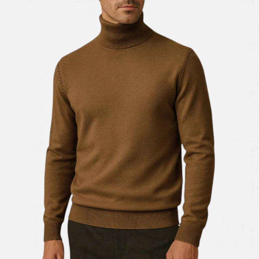 Men's slim-fit turtleneck knit pullover with ribbed cuffs and hem
