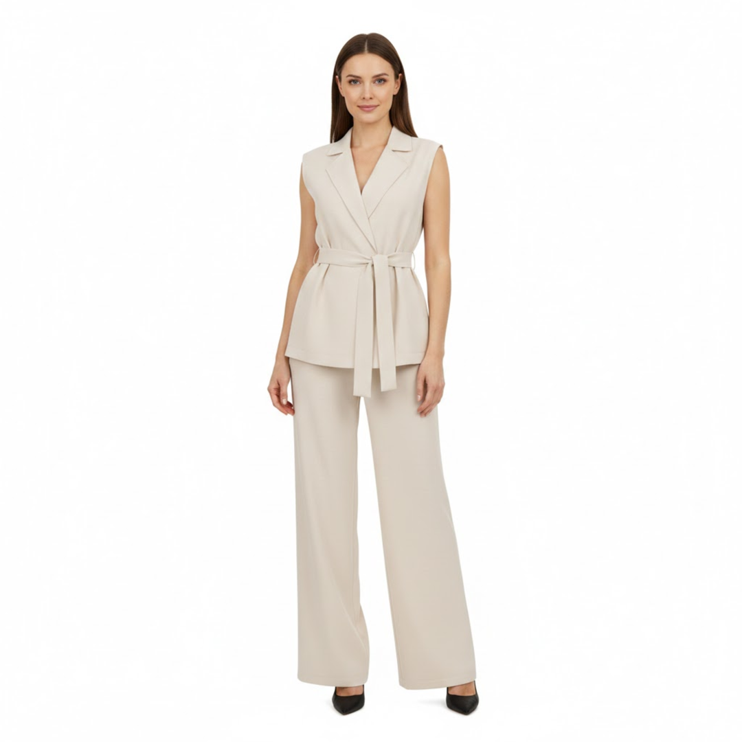 Sleeveless vest and wide-leg pants set with turn-down collar and tie waist belt
