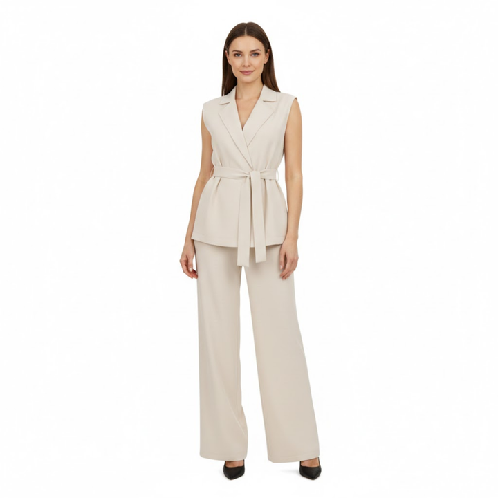 Sleeveless vest and wide-leg pants set with turn-down collar and tie waist belt