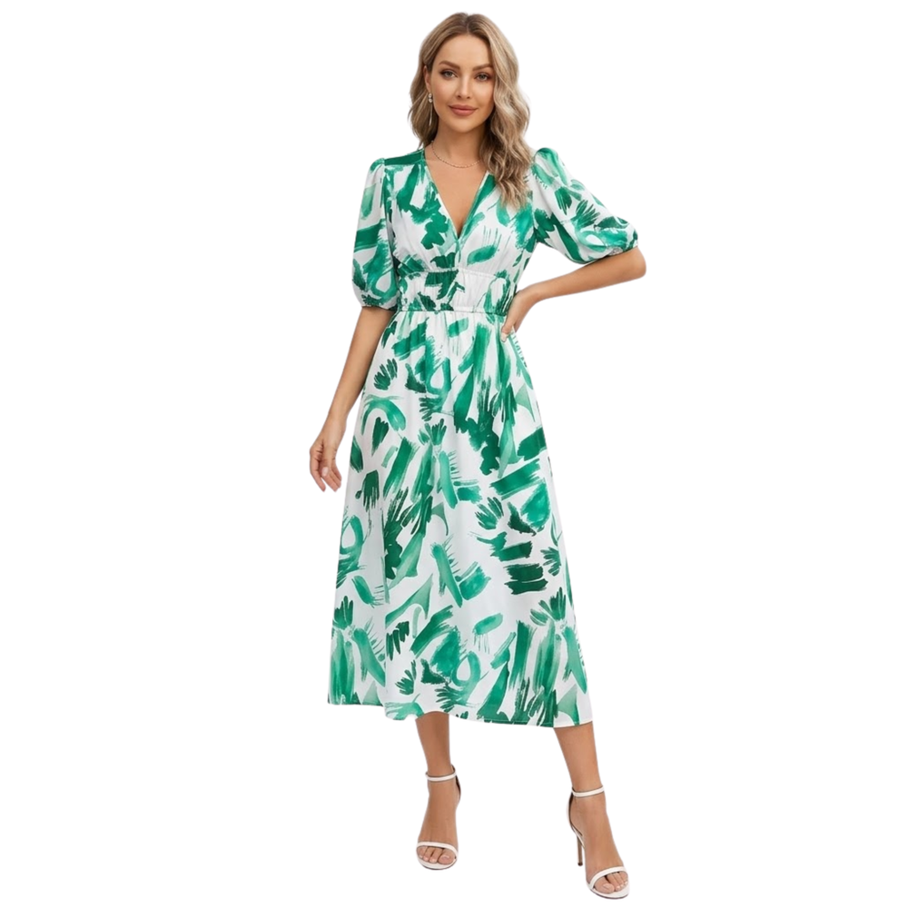 Women's floral V-neck short sleeve high-waist chiffon midi dress with flowing skirt